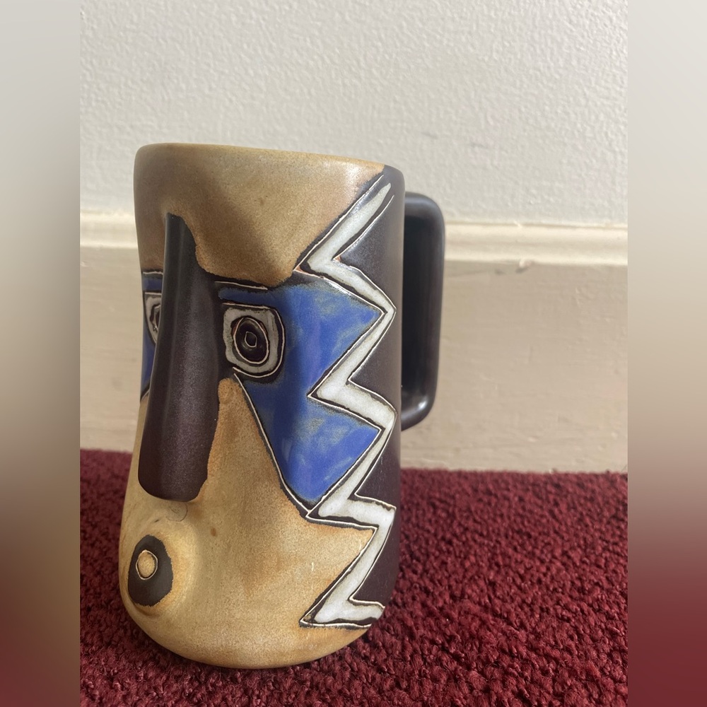 Vintage Mara Mexico Stoneware Coffee Cup Blue Aztec Tribal Face Mug Signed
